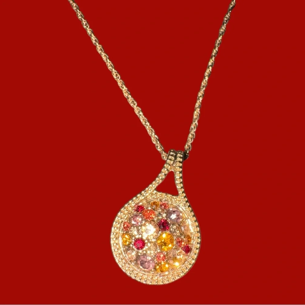 Multicolor Gold-Tone Chain Necklace with colourful rhinestones crystals pendant. - Picture 2 of 10